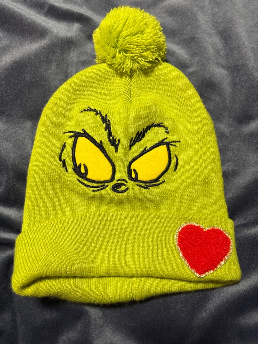 Kids Pom Beanie with Grinch Face and Red Heart